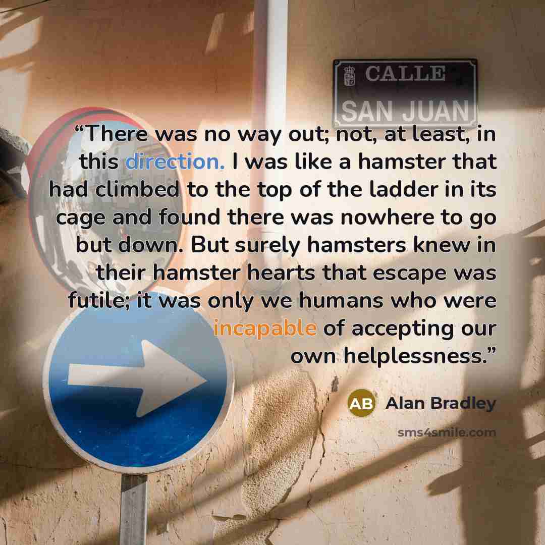 “There was no way out; not, at least, in this direction. I was like a hamster that had climbed to the top of the ladder in its cage and found there was nowhere to go but down. But surely hamsters knew in their hamster hearts that escape was futile; it was only we humans who were incapable of…” quote by Alan Bradley
