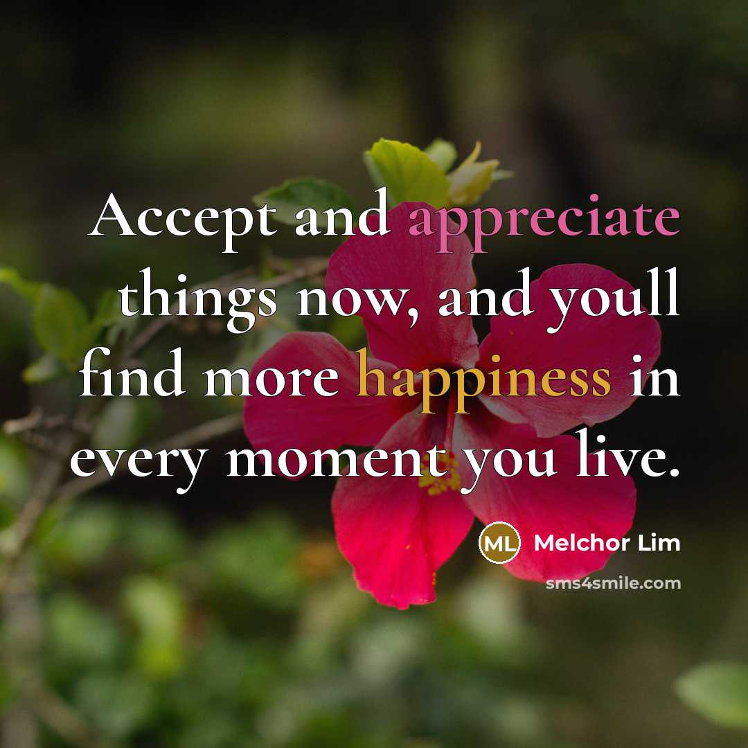 “Accept and appreciate things now, and youll find more happiness in every moment you live.” quote by Melchor Lim