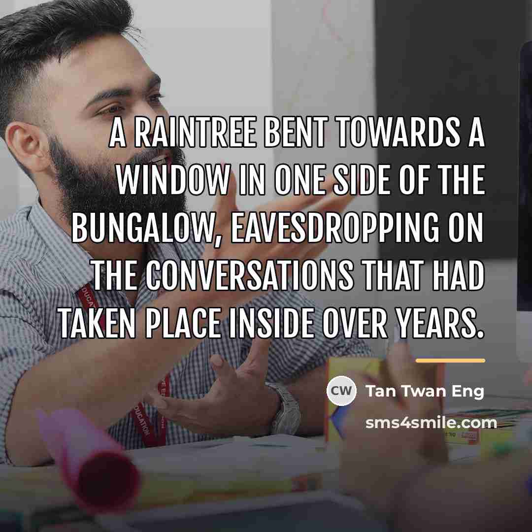 “A raintree bent towards a window in one side of…” quote by Tan Twan Eng