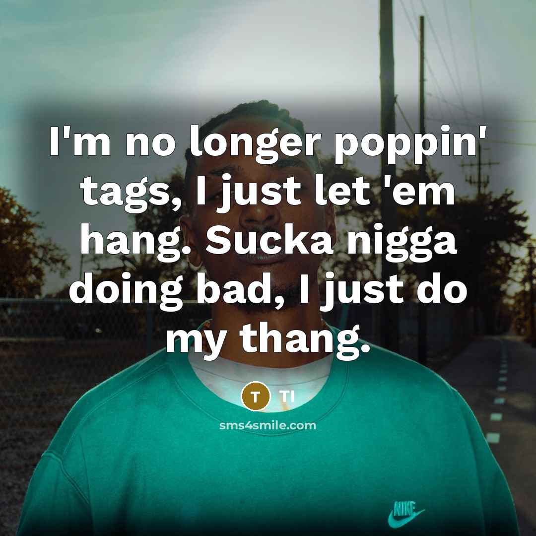 “I'm no longer poppin' tags, I just let 'em hang. Sucka nigga doing bad, I just do my thang.” quote by TI