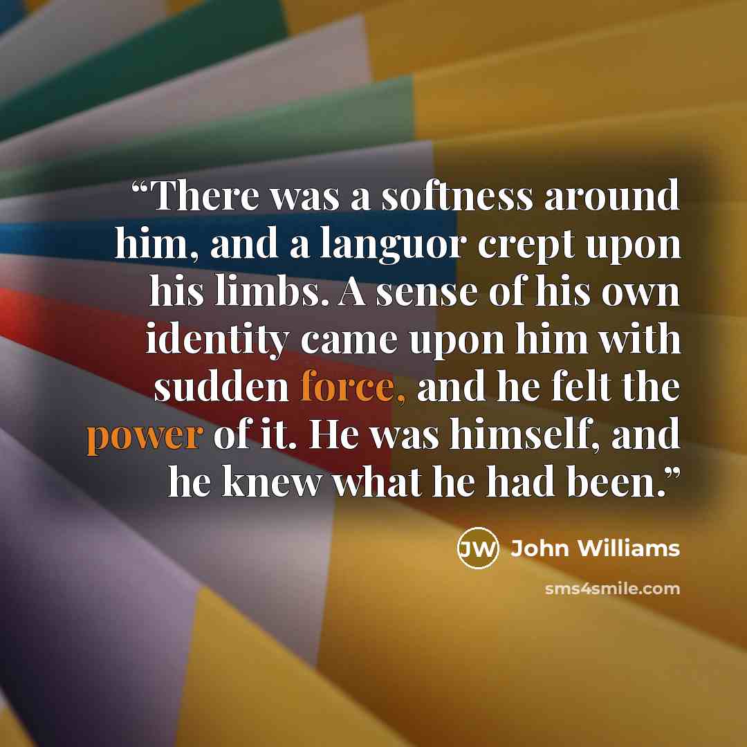 “There was a softness around him, and a languor crept upon his limbs. A sense of his own identity came upon him with sudden force, and he felt the power of it. He was himself, and he knew what he had been.” quote by John Williams
