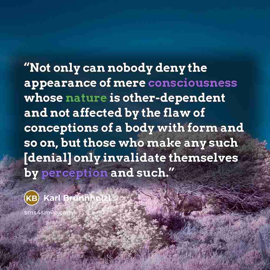 “Not only can nobody deny the appearance of mere consciousness whose nature is other-dependent and not affected by the flaw of conceptions of a body with form and so on, but those who make any such [denial] only invalidate themselves by perception and such.” quote by Karl Brunnholzl