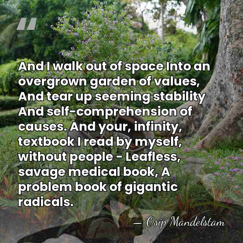 And I walk out of space Into an overgrown garden of values,&hellip; - Osip Mandelstam