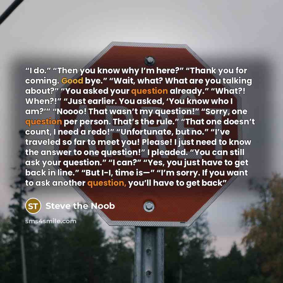 “I do.” “Then you know why I’m here?” “Thank you for coming. Good bye.” “Wait, what? What are you talking about?” “You asked your question already.” “What?! When?!” “Just earlier. You asked, ‘You know who I am?’” “Noooo! That wasn’t my question!” “Sorry, one question per person. That’s the rule.”…” quote by Steve the Noob