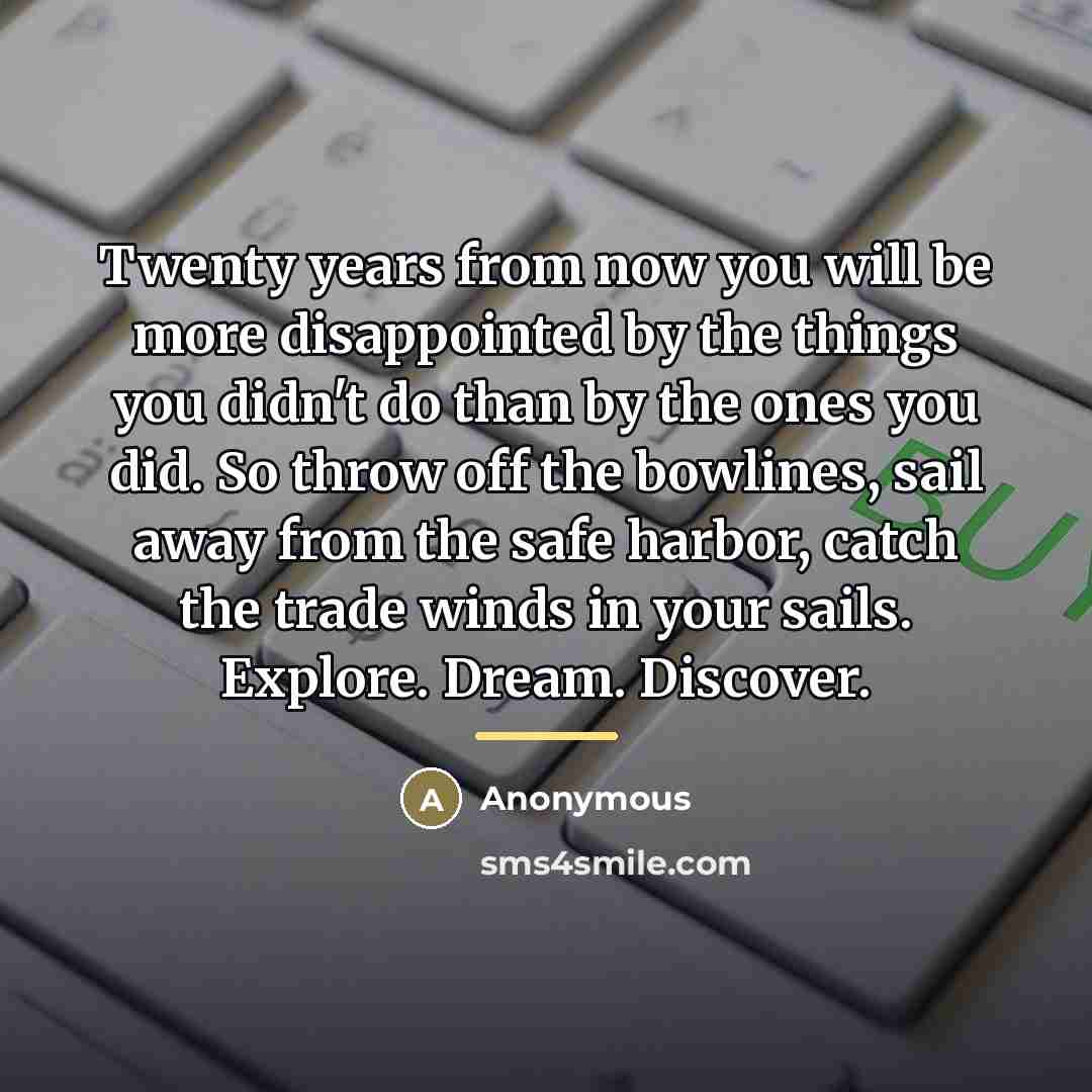 “Twenty years from now you will be more disappointed by…” quote by Anonymous