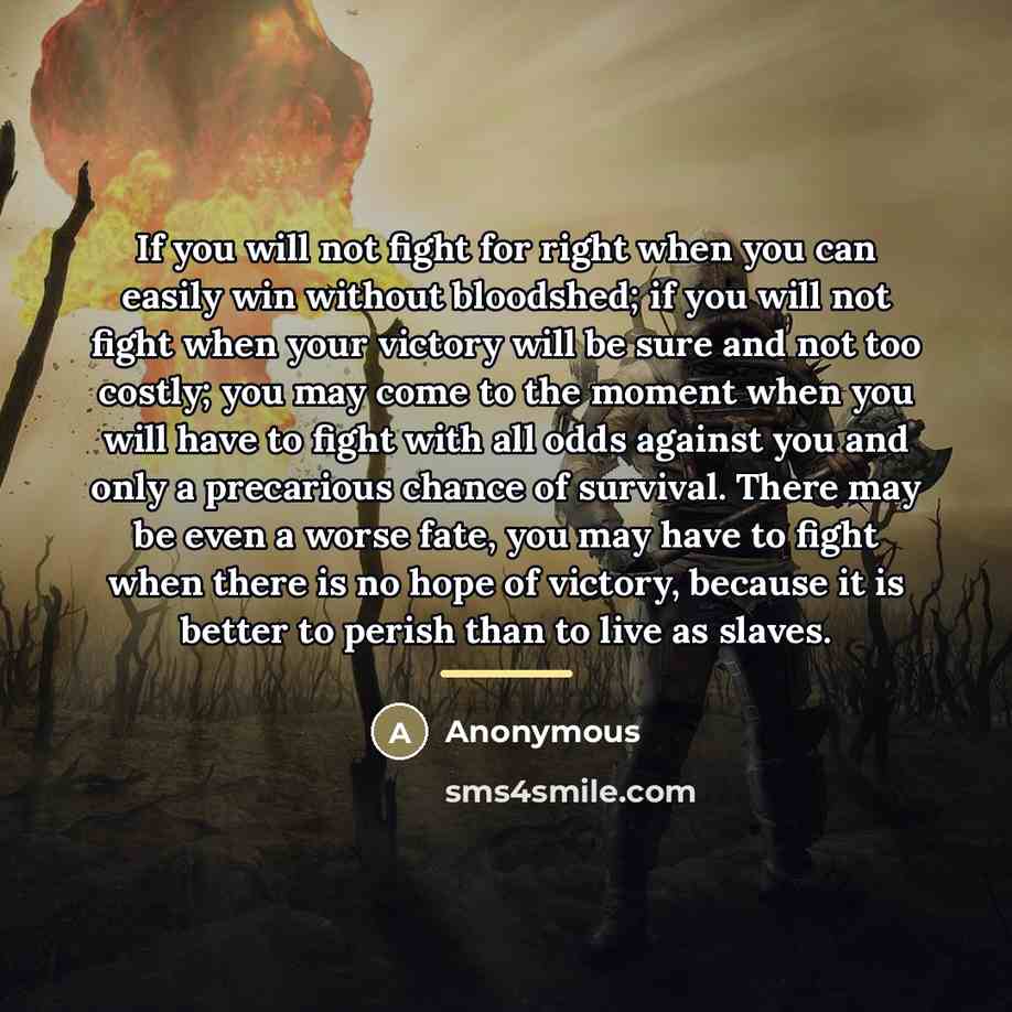 “If you will not fight for right when you can easily win without bloodshed; if you will not fight when your victory will be sure and not too costly; you may come to the moment when you will have to fight with all odds against you and only a precarious chance of survival. There may be even a worse…” quote by Anonymous