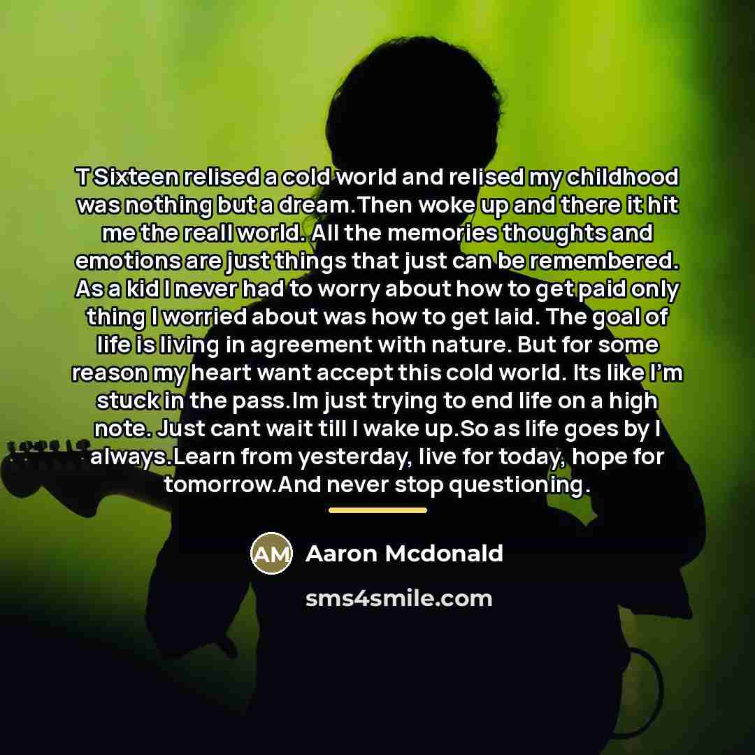 “T Sixteen relised a cold world and relised my childhood…” quote by Aaron Mcdonald