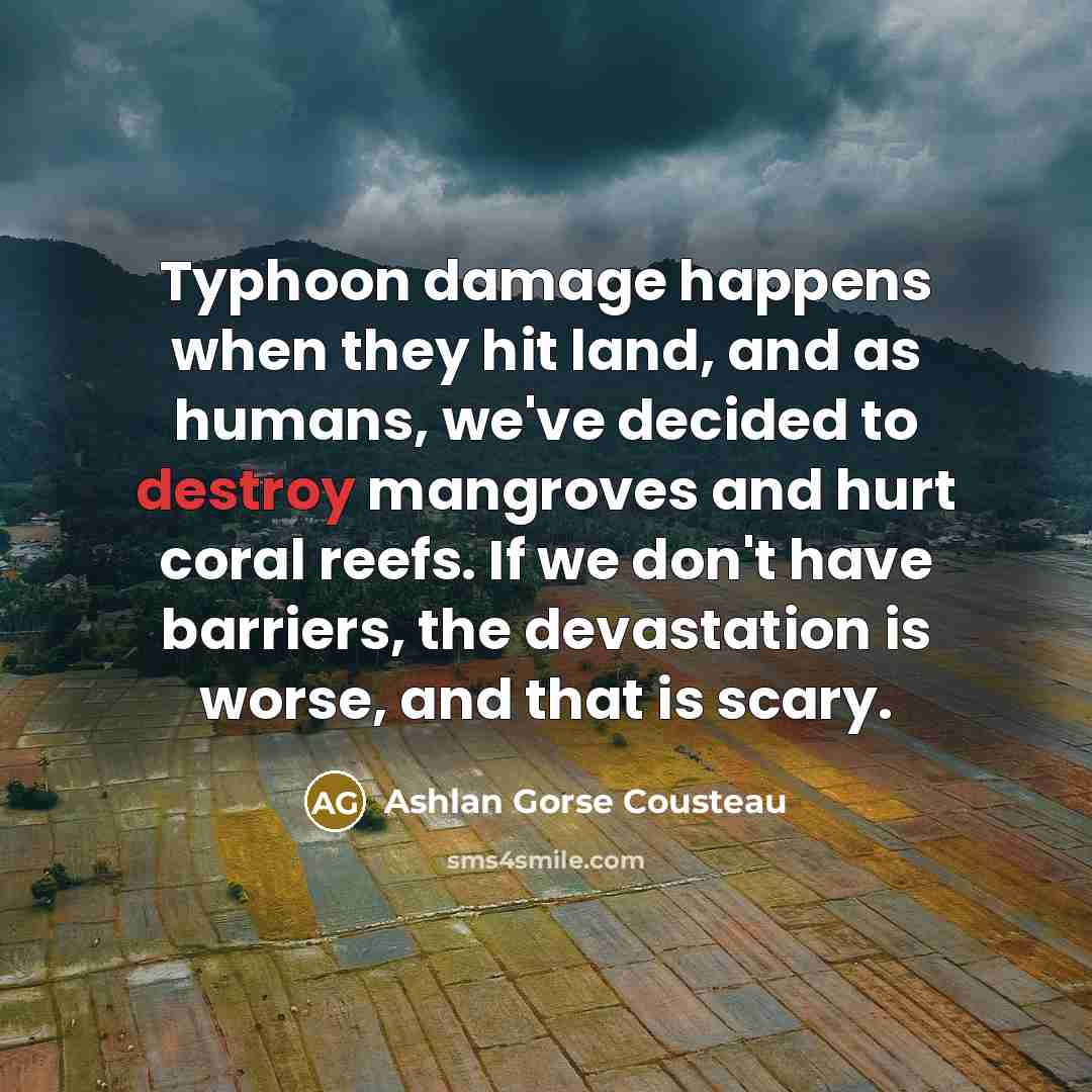 “Typhoon damage happens when they hit land, and as humans,…” quote by Ashlan Gorse Cousteau