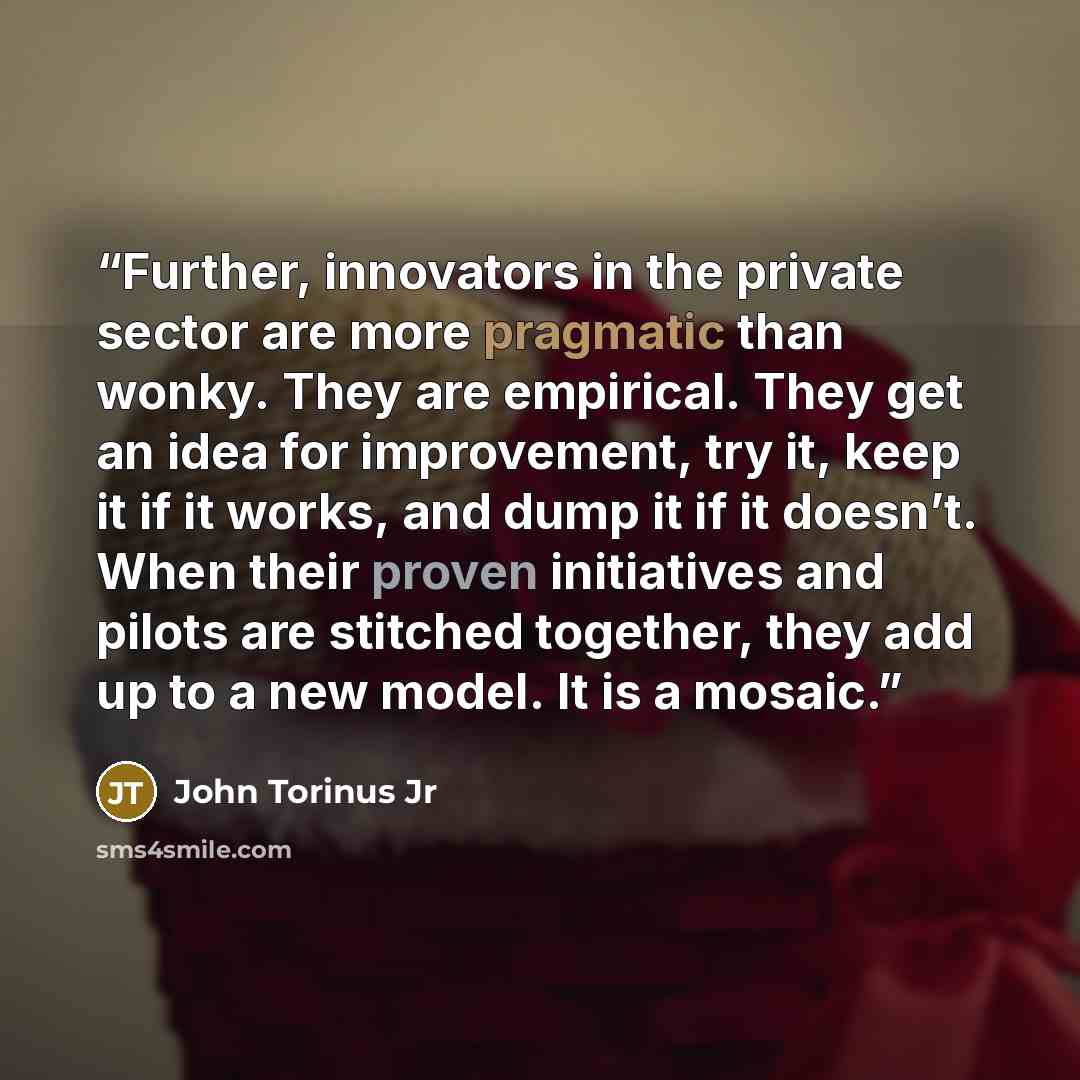 “Further, innovators in the private sector are more pragmatic than wonky. They are empirical. They get an idea for improvement, try it, keep it if it works, and dump it if it doesn’t. When their proven initiatives and pilots are stitched together, they add up to a new model. It is a mosaic.” quote by John Torinus Jr