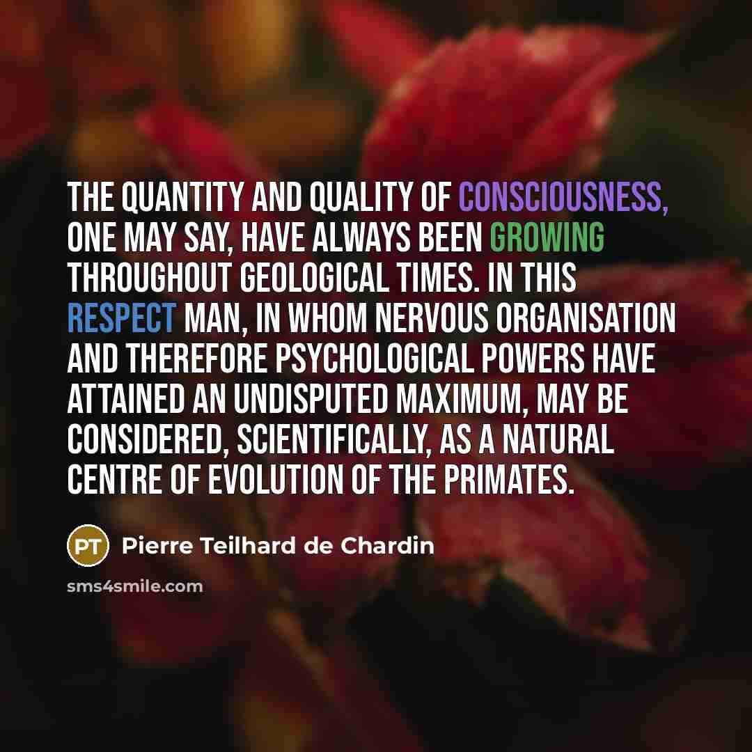 “The quantity and quality of consciousness, one may say, have…” quote by Pierre Teilhard de Chardin