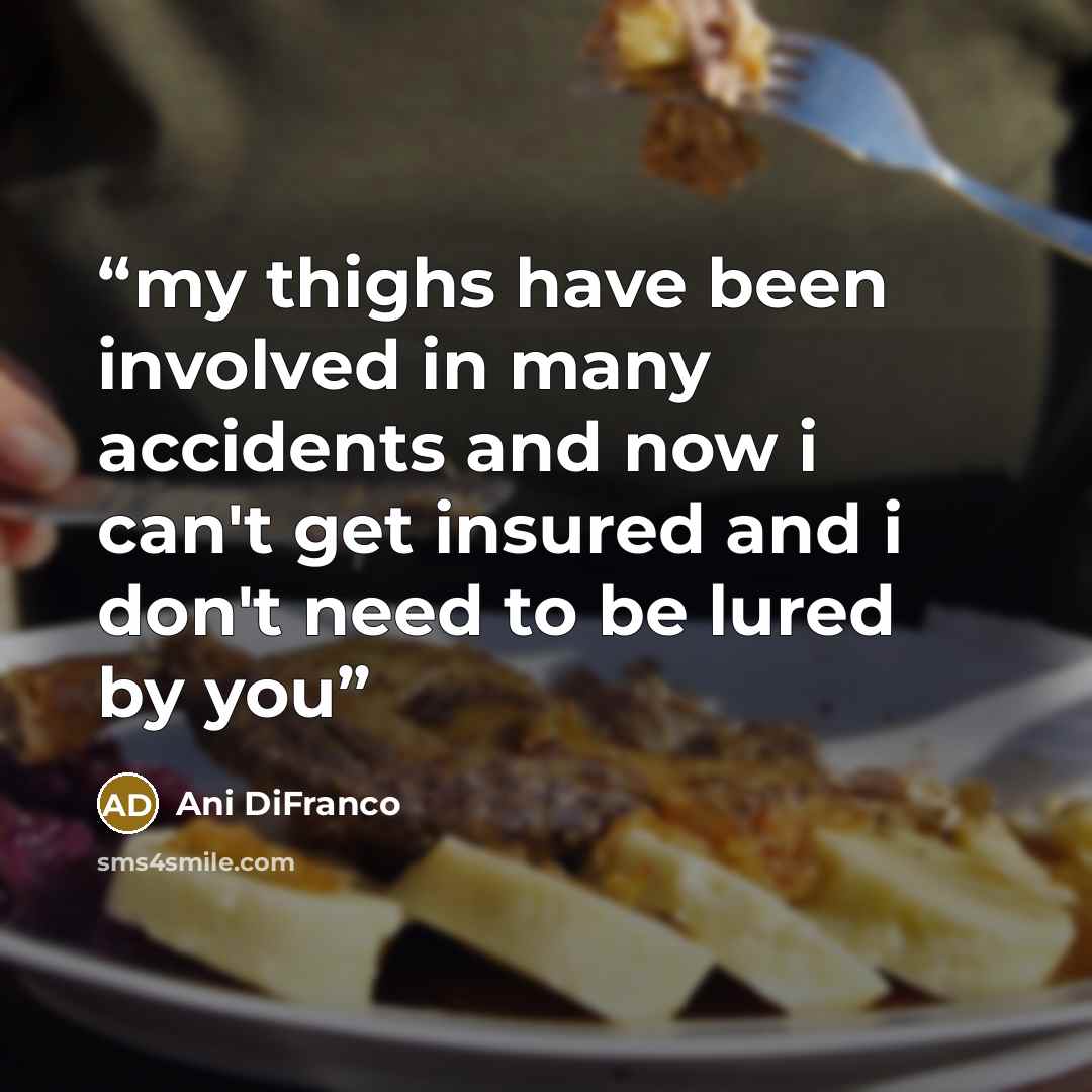 “my thighs have been involved in many accidents and now i can't get insured and i don't need to be lured by you” quote by Ani DiFranco