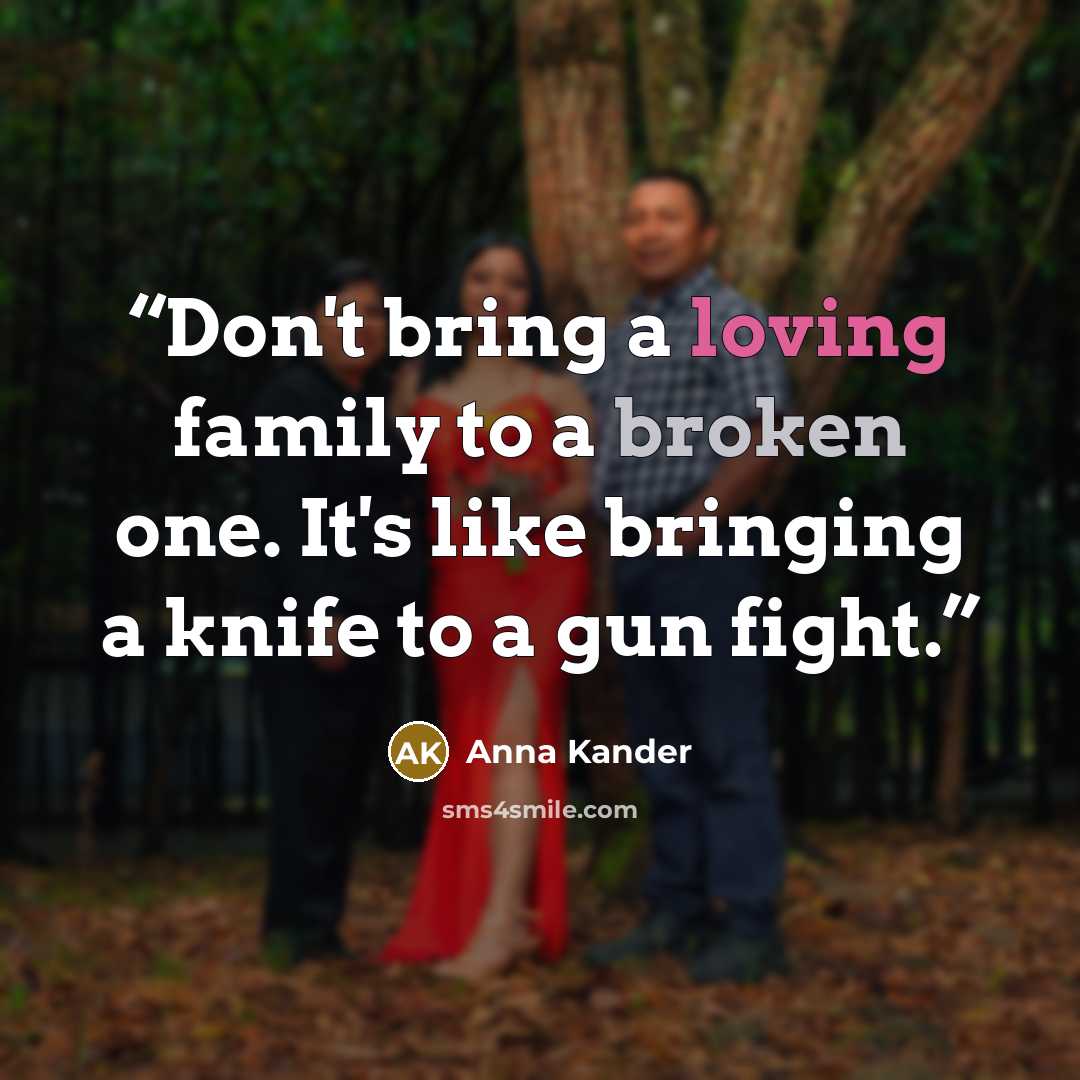 “Don't bring a loving family to a broken one. It's like bringing a knife to a gun fight.” quote by Anna Kander