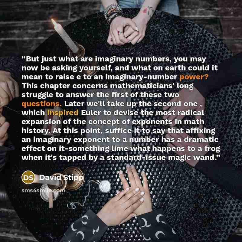 “But just what are imaginary numbers, you may now be asking yourself, and what on earth could it mean to raise e to an imaginary-number power? This chapter concerns mathematicians' long struggle to answer the first of these two questions. Later we'll take up the second one , which inspired Euler to…” quote by David Stipp