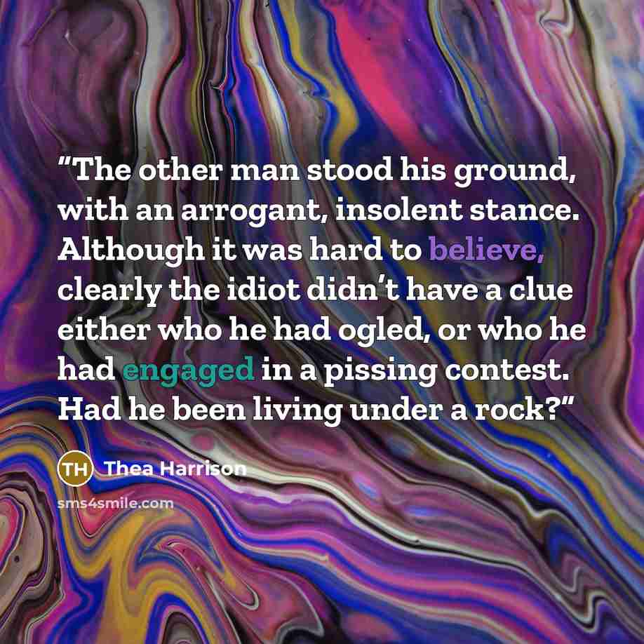 “The other man stood his ground, with an arrogant, insolent stance. Although it was hard to believe, clearly the idiot didn’t have a clue either who he had ogled, or who he had engaged in a pissing contest. Had he been living under a rock?” quote by Thea Harrison