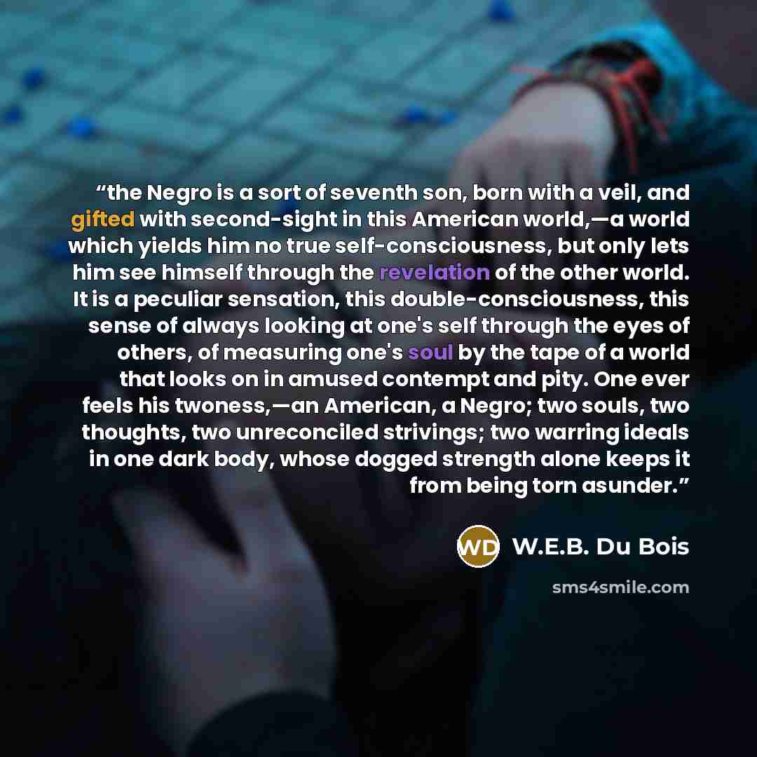 “the Negro is a sort of seventh son, born with a veil, and gifted with second-sight in this American world,—a world which yields him no true self-consciousness, but only lets him see himself through the revelation of the other world. It is a peculiar sensation, this double-consciousness, this sense…” quote by W.E.B. Du Bois