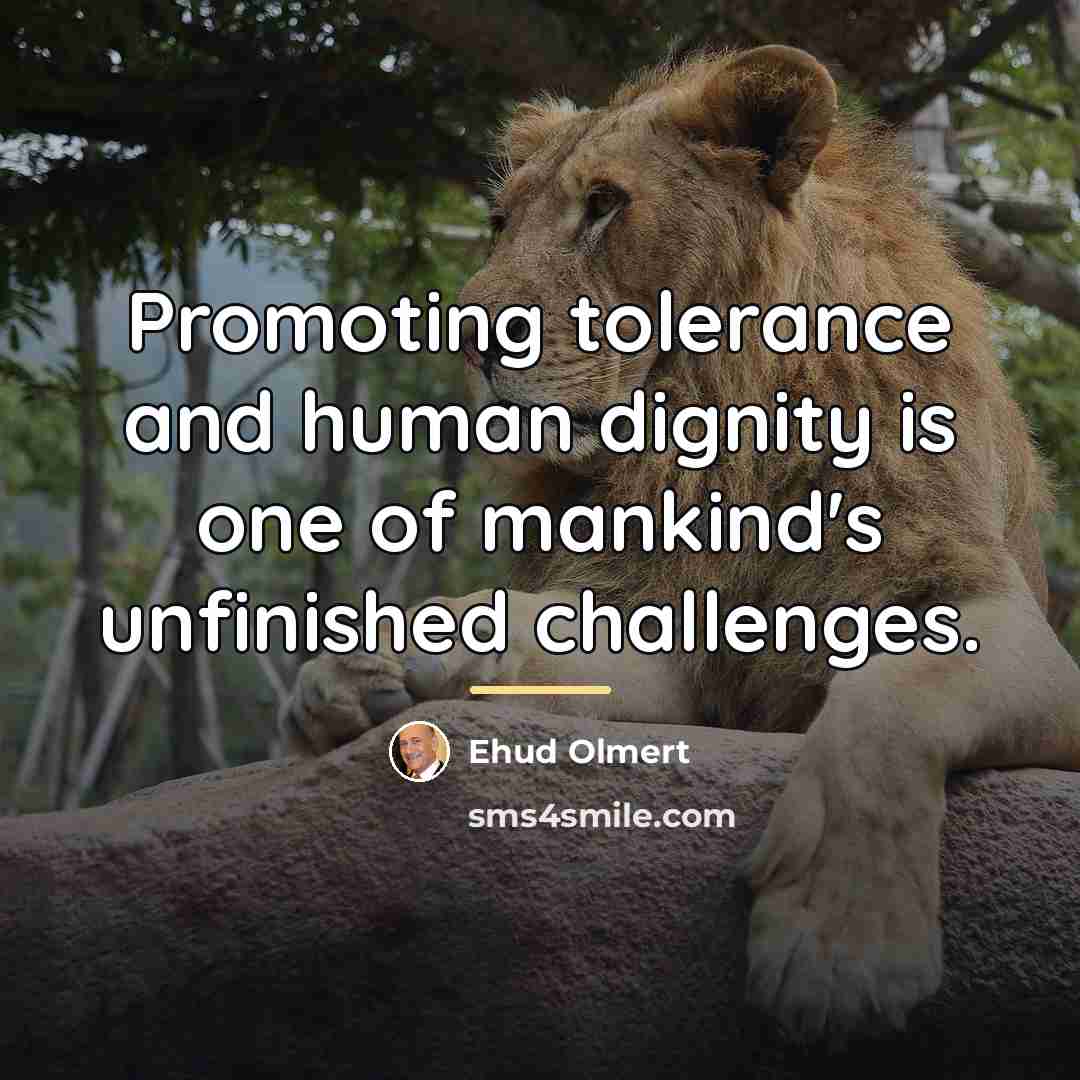 “Promoting tolerance and human dignity is one of mankind's unfinished…” quote by Ehud Olmert
