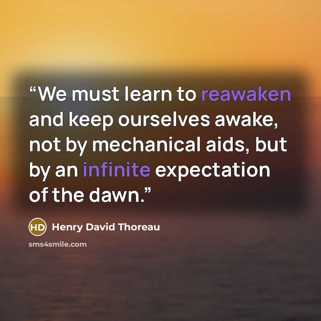 “We must learn to reawaken and keep ourselves awake, not by mechanical aids, but by an infinite expectation of the dawn.” quote by Henry David Thoreau