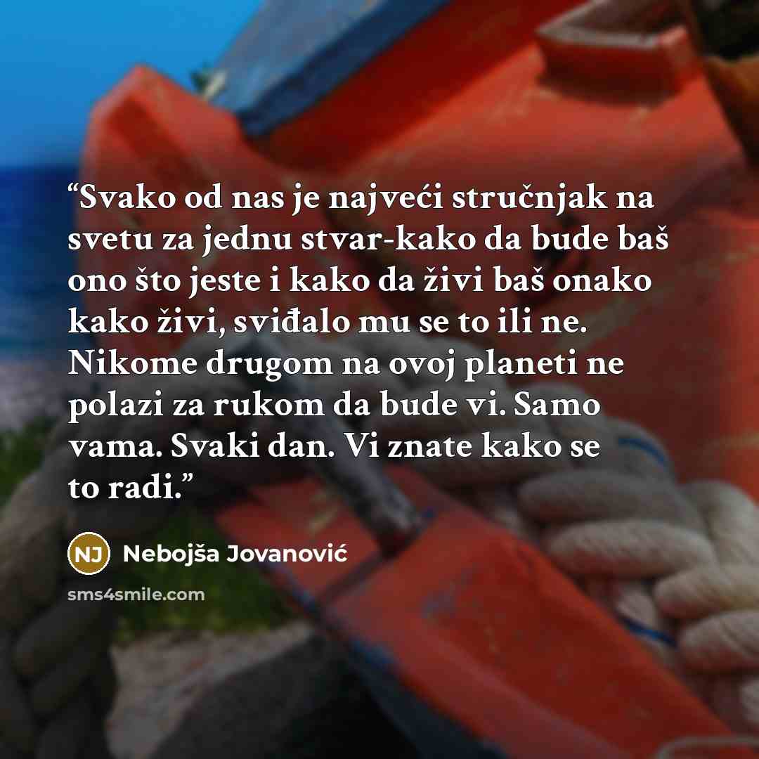 “Svako od nas je najveći stručnjak na svetu za jednu stvar-kako da bude baš ono što jeste i kako da živi baš onako kako živi, sviđalo mu se to ili ne. Nikome drugom na ovoj planeti ne polazi za rukom da bude vi. Samo vama. Svaki dan. Vi znate kako se to radi.” quote by Nebojša Jovanović