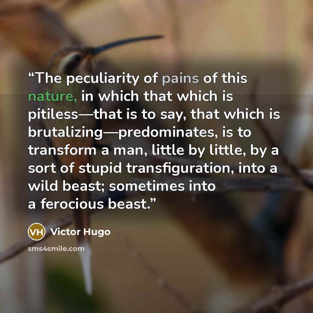 “The peculiarity of pains of this nature, in which that which is pitiless—that is to say, that which is brutalizing—predominates, is to transform a man, little by little, by a sort of stupid transfiguration, into a wild beast; sometimes into a ferocious beast.” quote by Victor Hugo