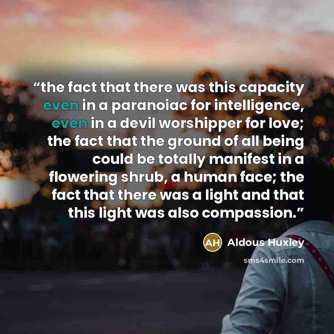 “the fact that there was this capacity even in a paranoiac for intelligence, even in a devil worshipper for love; the fact that the ground of all being could be totally manifest in a flowering shrub, a human face; the fact that there was a light and that this light was also compassion.” quote by Aldous Huxley