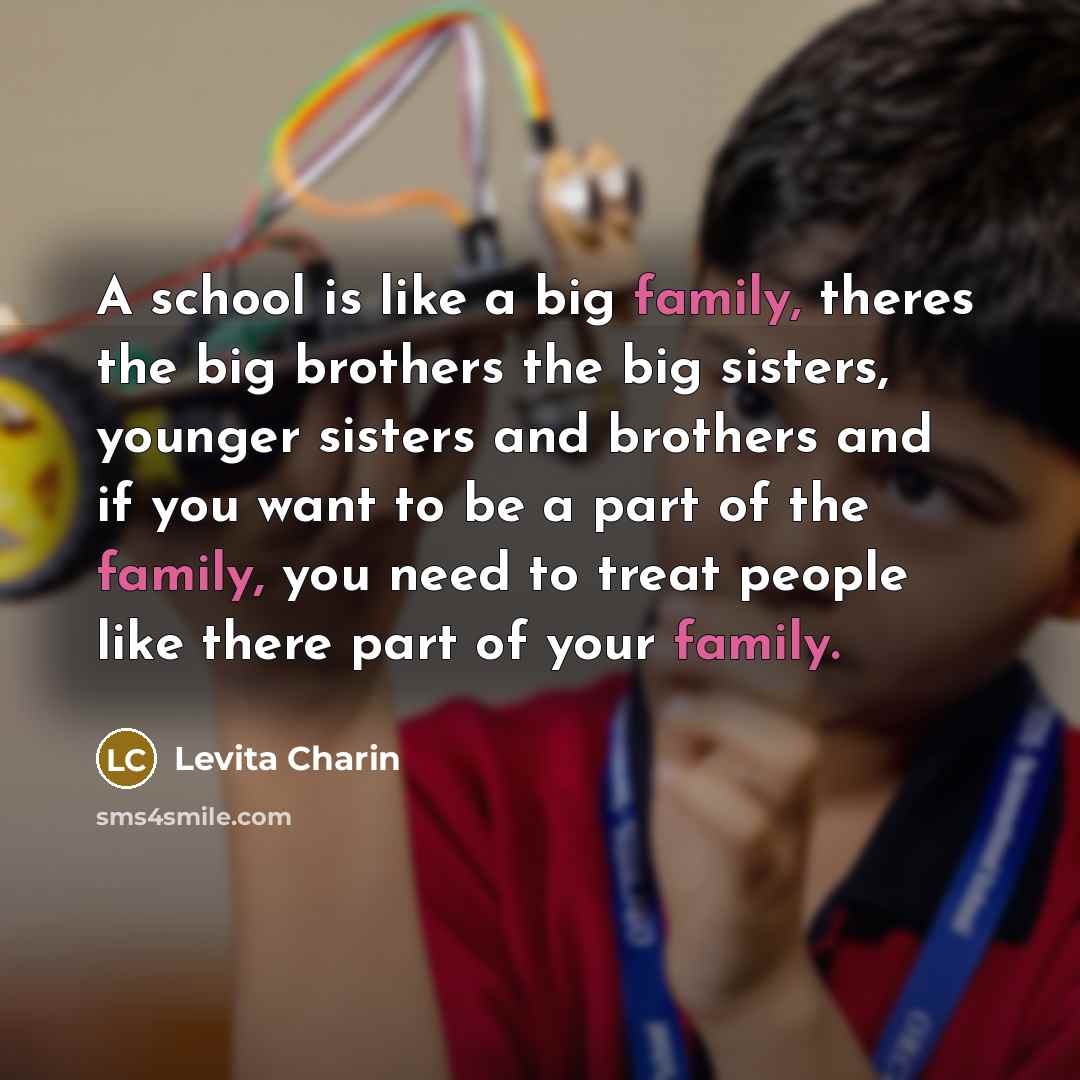 “A school is like a big family, theres the big brothers the big sisters, younger sisters and brothers and if you want to be a part of the family, you need to treat people like there part of your family.” quote by Levita Charin