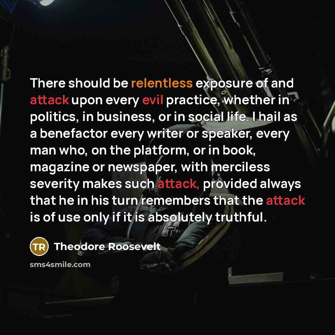 “There should be relentless exposure of and attack upon every evil practice, whether in politics, in business, or in social life. I hail as a benefactor every writer or speaker, every man who, on the platform, or in book, magazine or newspaper, with merciless severity makes such attack, provided…” quote by Theodore Roosevelt