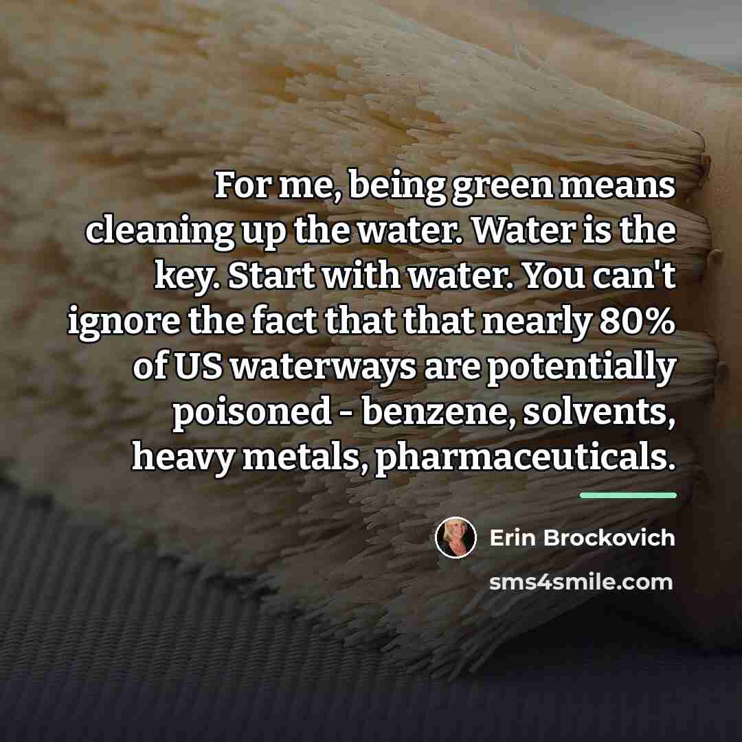 “For me, being green means cleaning up the water. Water…” quote by Erin Brockovich