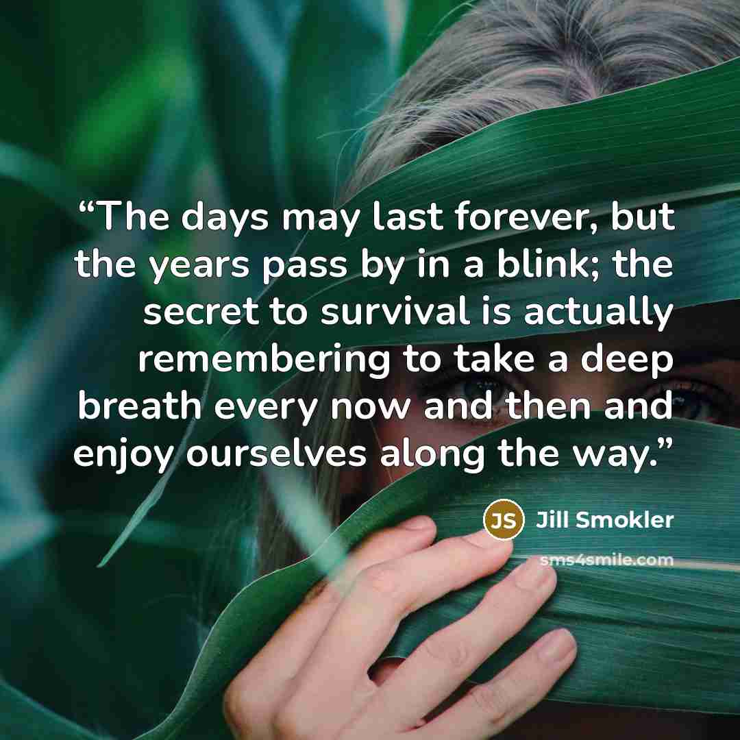 “The days may last forever, but the years pass by in a blink; the secret to survival is actually remembering to take a deep breath every now and then and enjoy ourselves along the way.” quote by Jill Smokler