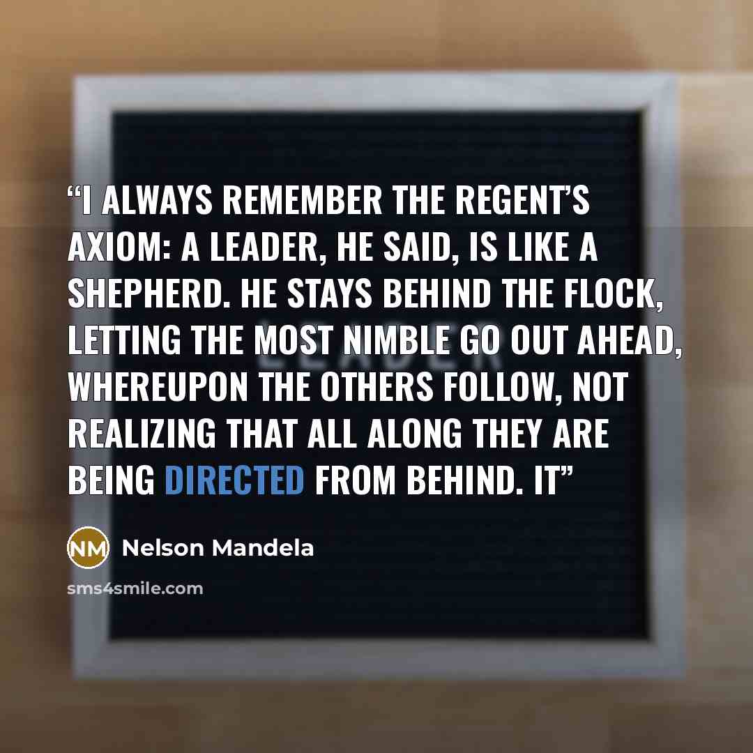 “I always remember the regent’s axiom: a leader, he said, is like a shepherd. He stays behind the flock, letting the most nimble go out ahead, whereupon the others follow, not realizing that all along they are being directed from behind. It” quote by Nelson Mandela