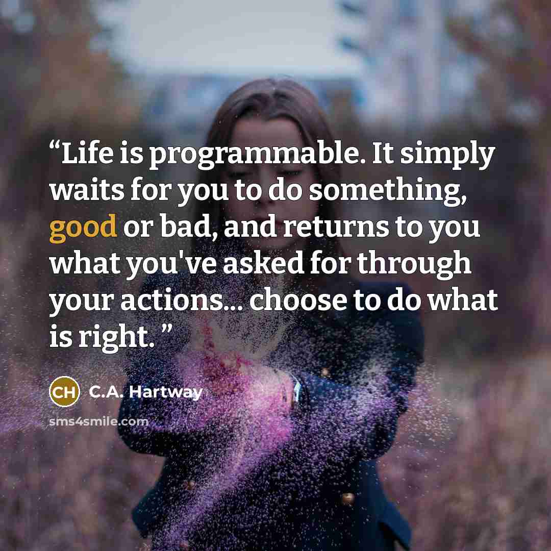 “Life is programmable. It simply waits for you to do something, good or bad, and returns to you what you've asked for through your actions... choose to do what is right.” quote by C.A. Hartway
