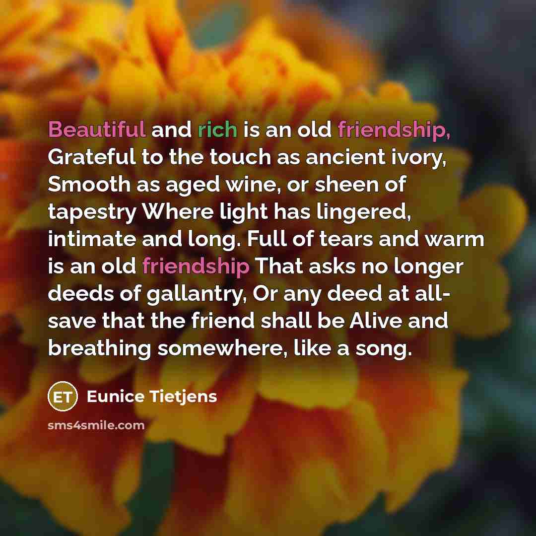 “Beautiful and rich is an old friendship, Grateful to the touch as ancient ivory, Smooth as aged wine, or sheen of tapestry Where light has lingered, intimate and long. Full of tears and warm is an old friendship That asks no longer deeds of gallantry, Or any deed at all- save that the friend shall…” quote by Eunice Tietjens