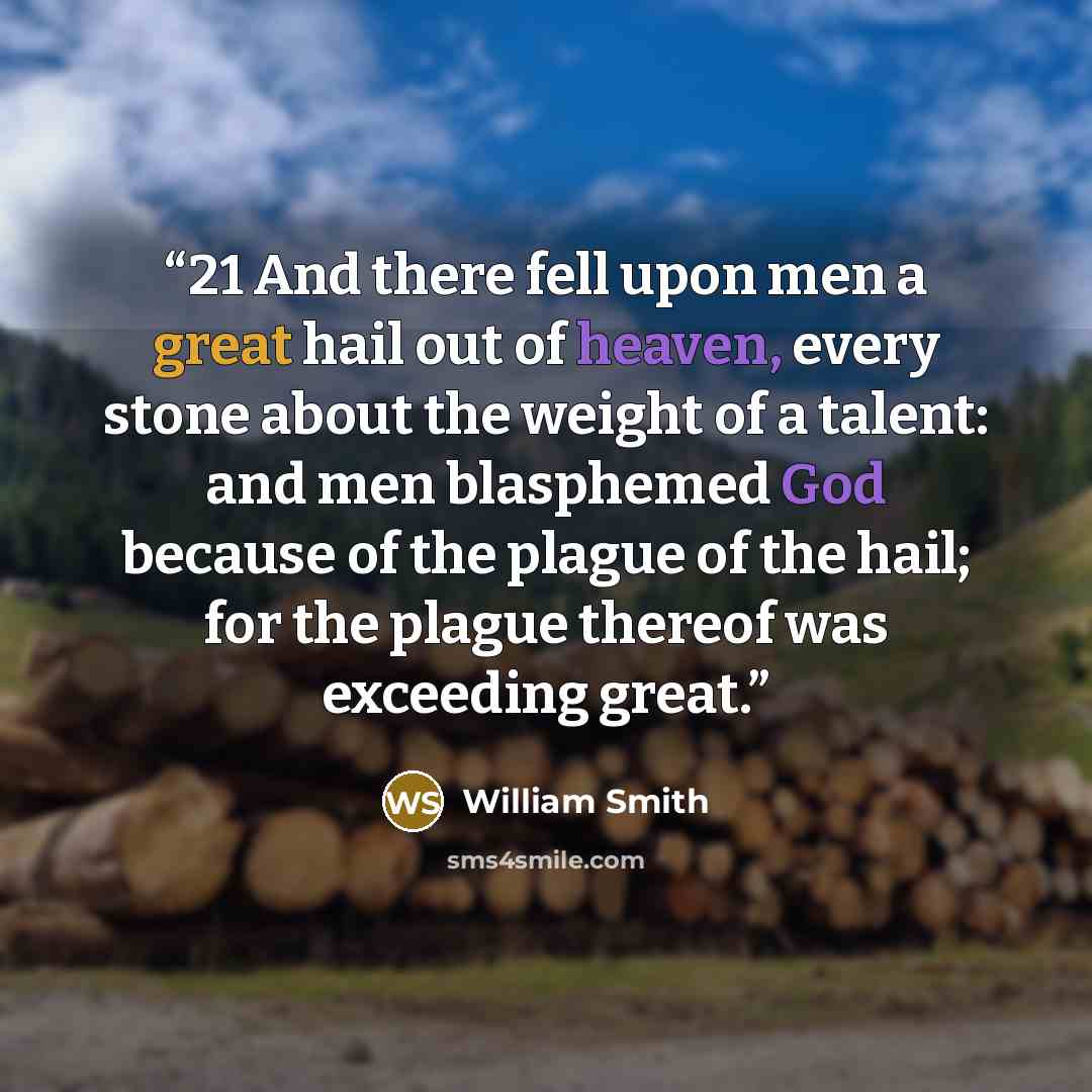 “21 And there fell upon men a great hail out of heaven, every stone about the weight of a talent: and men blasphemed God because of the plague of the hail; for the plague thereof was exceeding great.” quote by William Smith