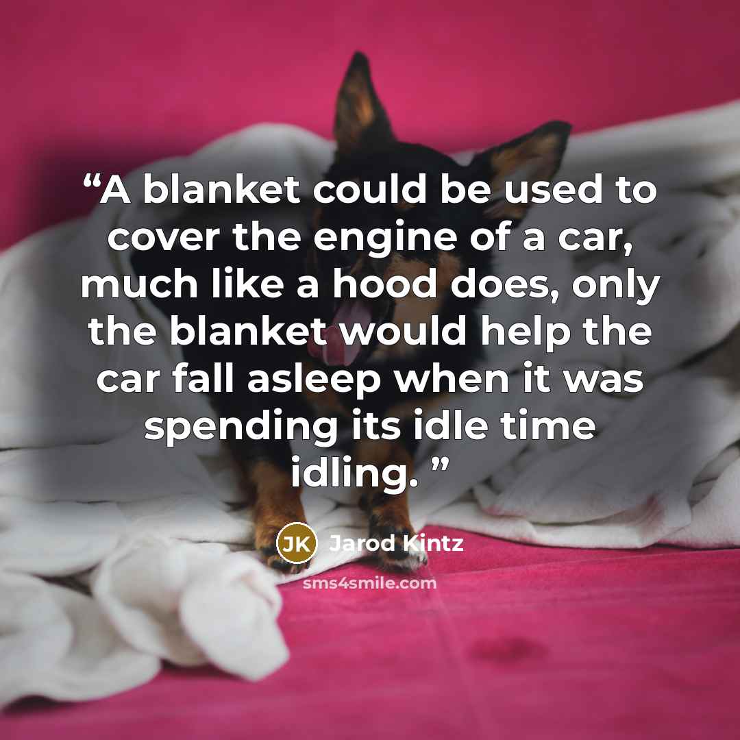 “A blanket could be used to cover the engine of a car, much like a hood does, only the blanket would help the car fall asleep when it was spending its idle time idling.” quote by Jarod Kintz