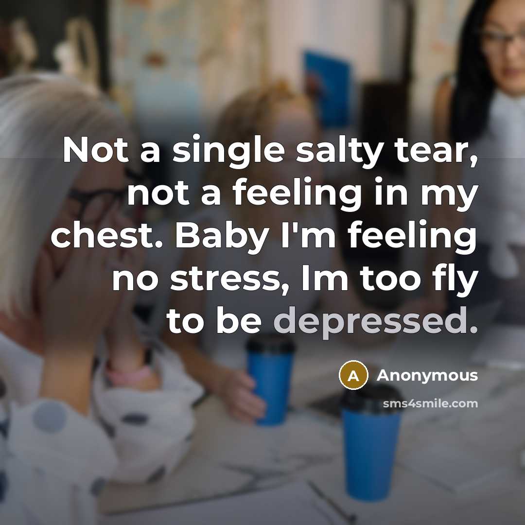 “Not a single salty tear, not a feeling in my chest. Baby I'm feeling no stress, Im too fly to be depressed.” quote by Anonymous