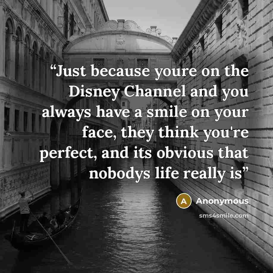“Just because youre on the Disney Channel and you always have a smile on your face, they think you're perfect, and its obvious that nobodys life really is” quote by Anonymous