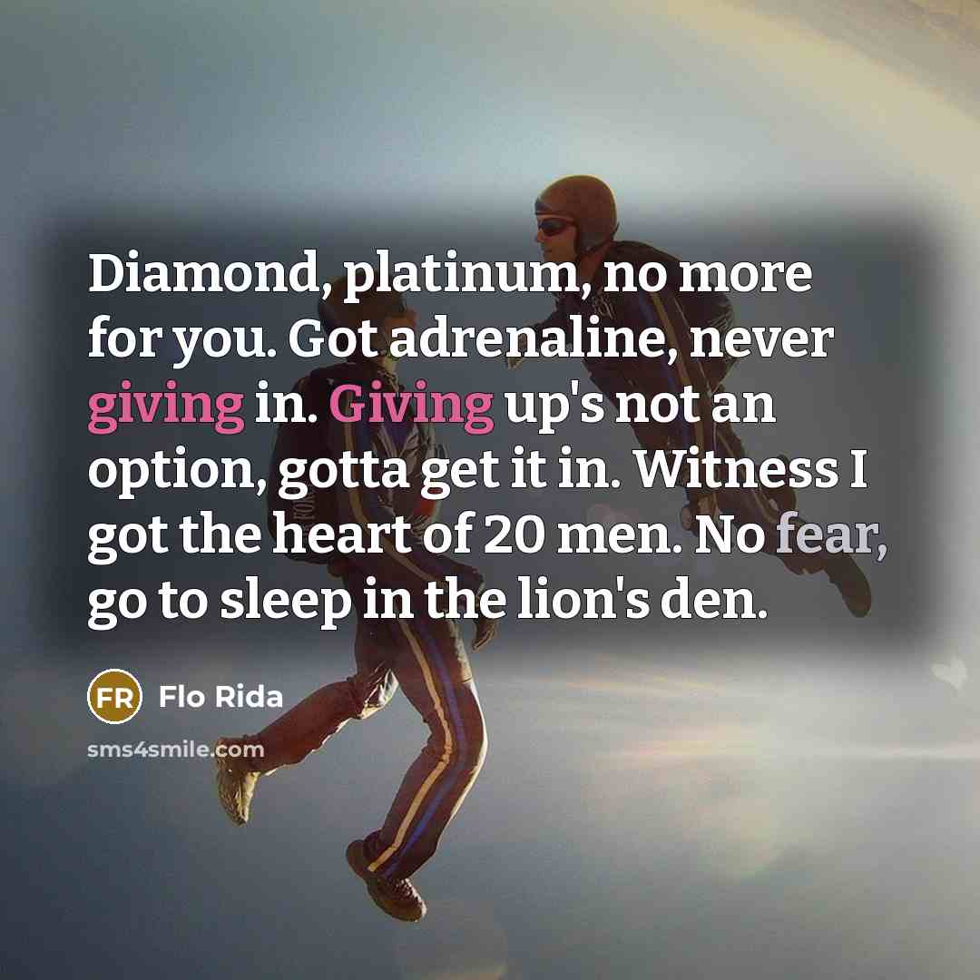 “Diamond, platinum, no more for you. Got adrenaline, never giving in. Giving up's not an option, gotta get it in. Witness I got the heart of 20 men. No fear, go to sleep in the lion's den.” quote by Flo Rida