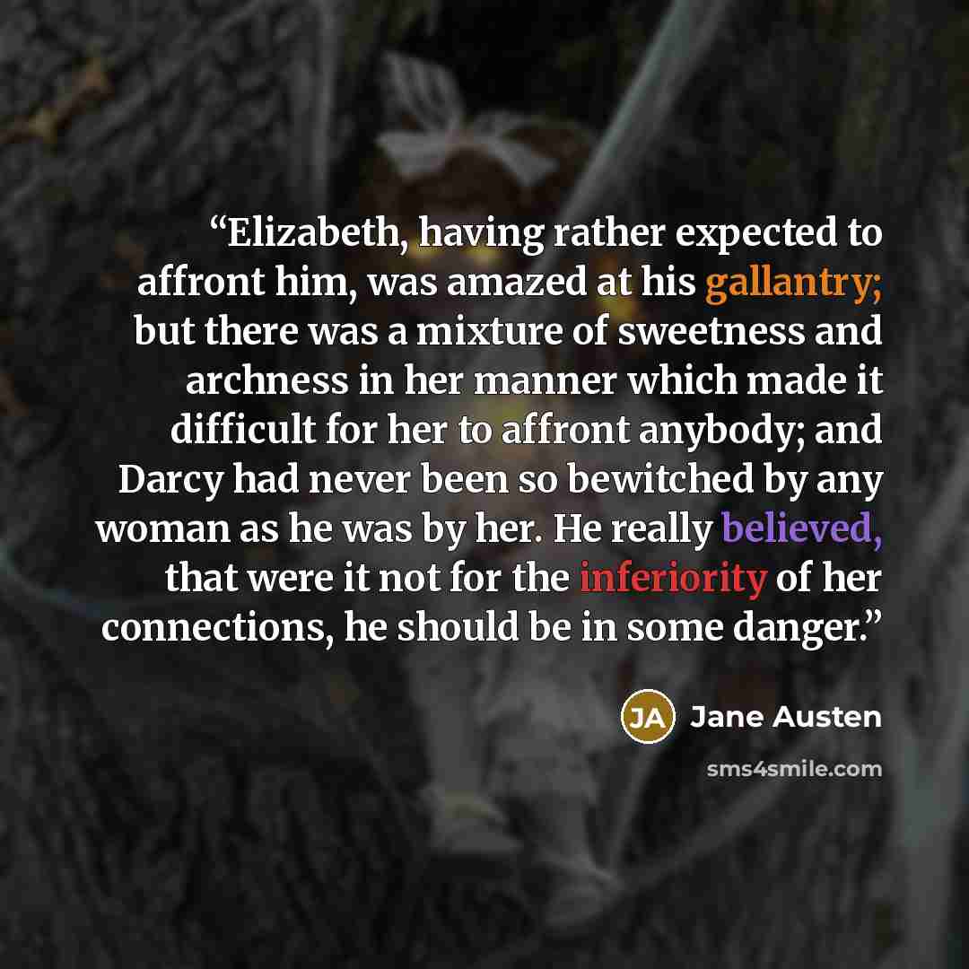 “Elizabeth, having rather expected to affront him, was amazed at his gallantry; but there was a mixture of sweetness and archness in her manner which made it difficult for her to affront anybody; and Darcy had never been so bewitched by any woman as he was by her. He really believed, that were it…” quote by Jane Austen