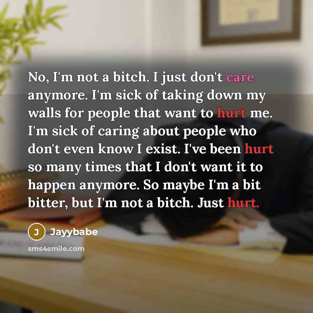 “No, I'm not a bitch. I just don't care anymore. I'm sick of taking down my walls for people that want to hurt me. I'm sick of caring about people who don't even know I exist. I've been hurt so many times that I don't want it to happen anymore. So maybe I'm a bit bitter, but I'm not a bitch. Just…” quote by Jayybabe