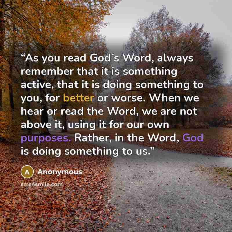 “As you read God’s Word, always remember that it is something active, that it is doing something to you, for better or worse. When we hear or read the Word, we are not above it, using it for our own purposes. Rather, in the Word, God is doing something to us.” quote by Anonymous