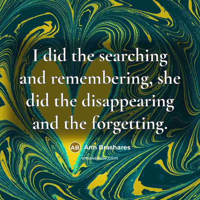 “I did the searching and remembering, she did the disappearing…” quote by Ann Brashares