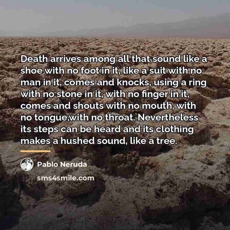 “Death arrives among all that sound like a shoe with…” quote by Pablo Neruda
