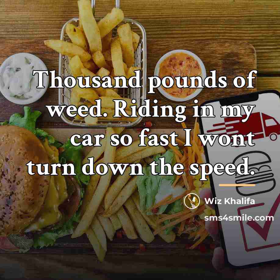 “Thousand pounds of weed. Riding in my car so fast…” quote by Wiz Khalifa