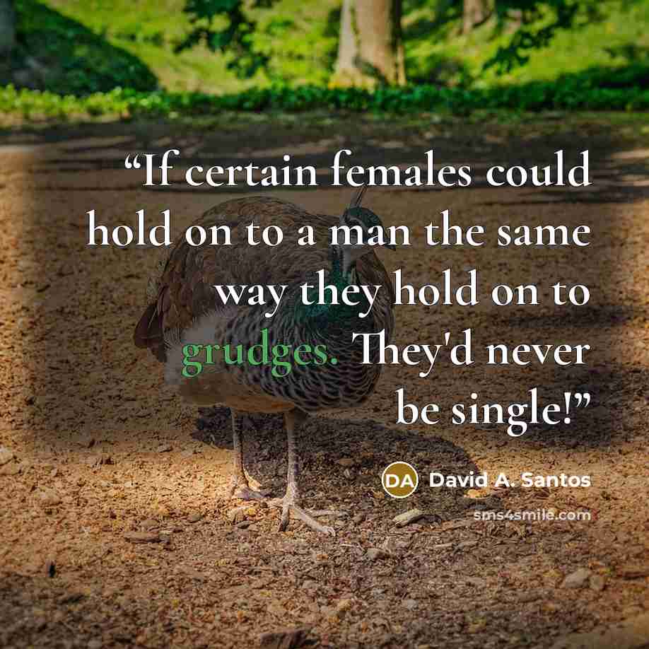 “If certain females could hold on to a man the same way they hold on to grudges. They'd never be single!” quote by David A. Santos