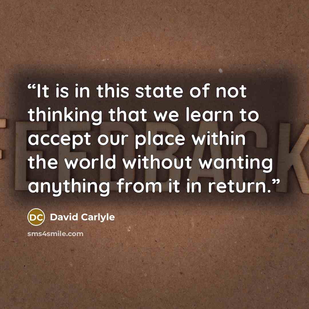 “It is in this state of not thinking that we learn to accept our place within the world without wanting anything from it in return.” quote by David Carlyle