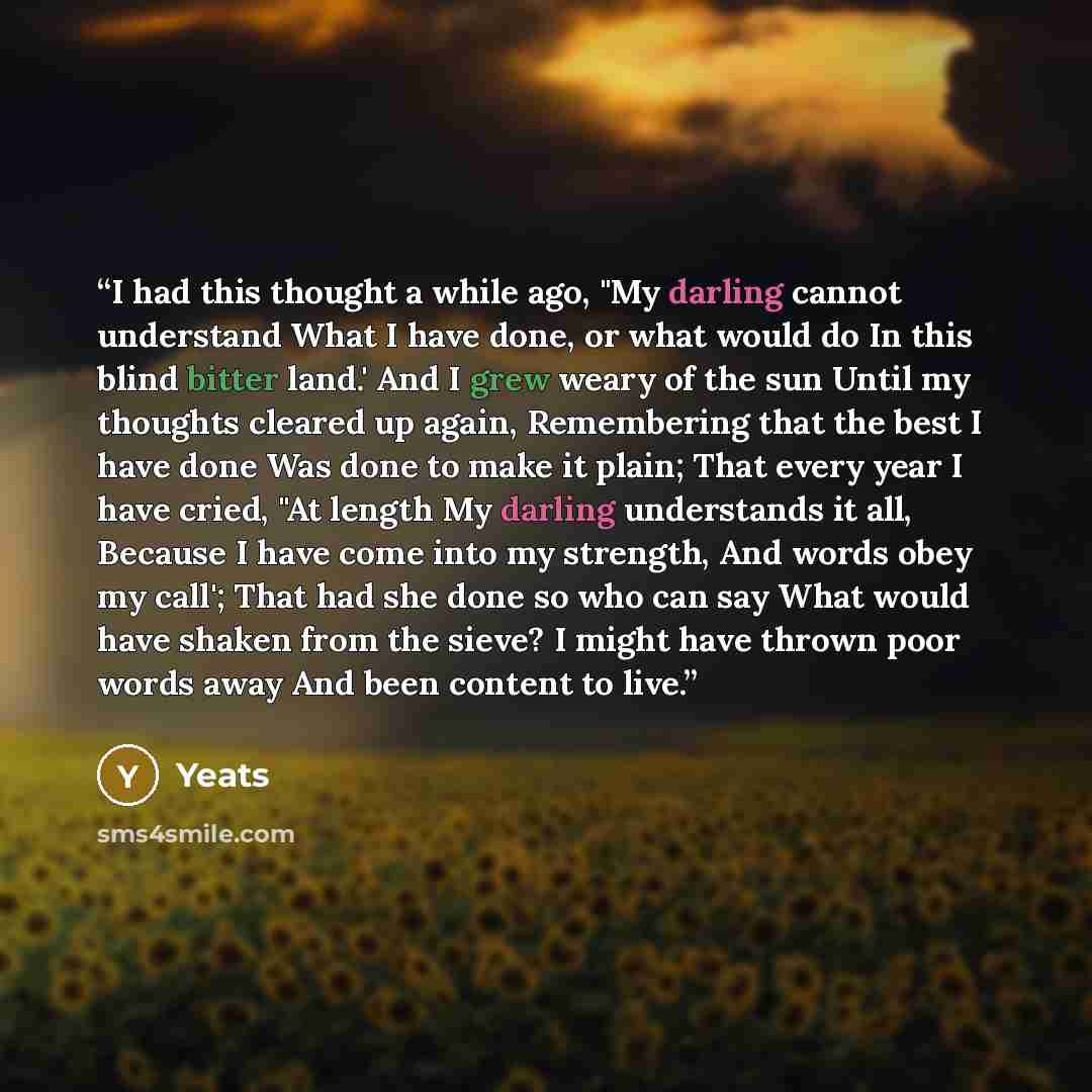 “I had this thought a while ago, "My darling cannot understand What I have done, or what would do In this blind bitter land.' And I grew weary of the sun Until my thoughts cleared up again, Remembering that the best I have done Was done to make it plain; That every year I have cried, "At length My…” quote by Yeats