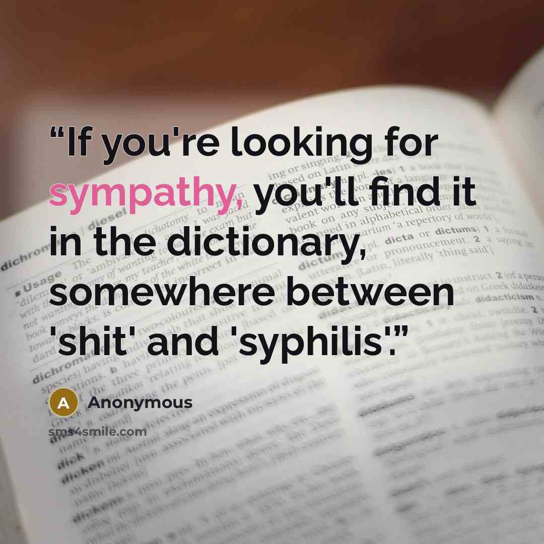 “If you're looking for sympathy, you'll find it in the dictionary, somewhere between 'shit' and 'syphilis'.” quote by Anonymous