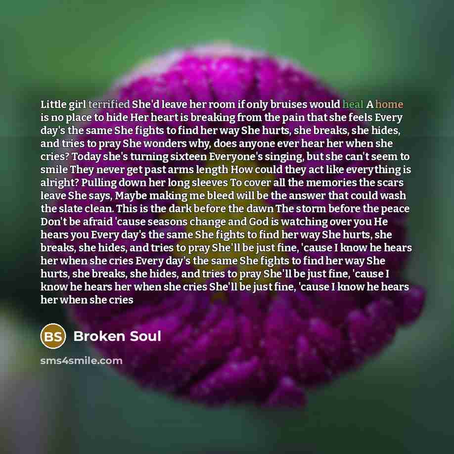 “Little girl terrified She'd leave her room if only bruises would heal A home is no place to hide Her heart is breaking from the pain that she feels Every day's the same She fights to find her way She hurts, she breaks, she hides, and tries to pray She wonders why, does anyone ever hear her when…” quote by Broken Soul