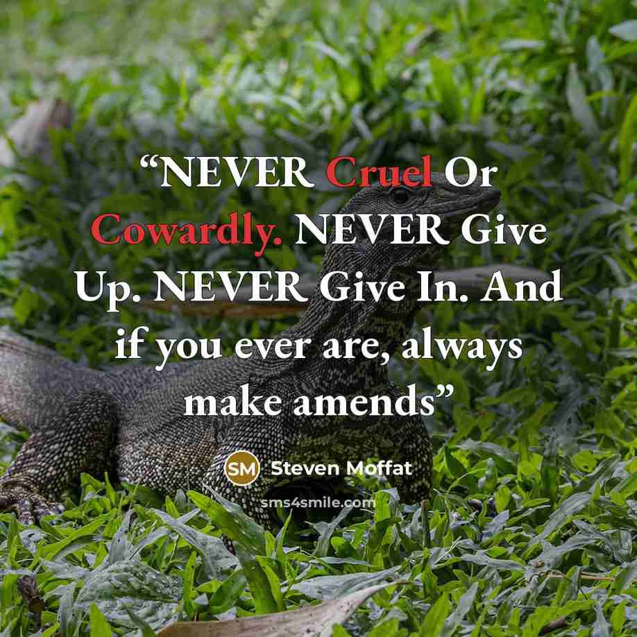 “NEVER Cruel Or Cowardly. NEVER Give Up. NEVER Give In. And if you ever are, always make amends” quote by Steven Moffat