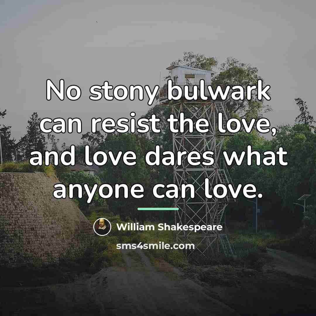 “No stony bulwark can resist the love, and love dares…” quote by William Shakespeare