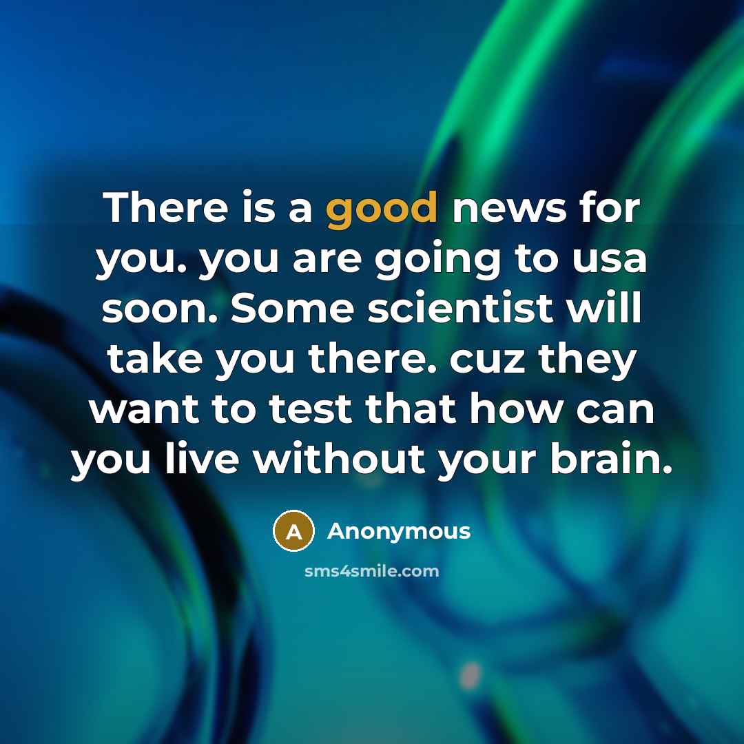 “There is a good news for you. you are going to usa soon. Some scientist will take you there. cuz they want to test that how can you live without your brain.” quote by Anonymous